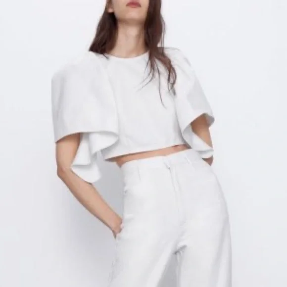 Zara white waxed effect ruffled top NWT - Picture 1 of 4